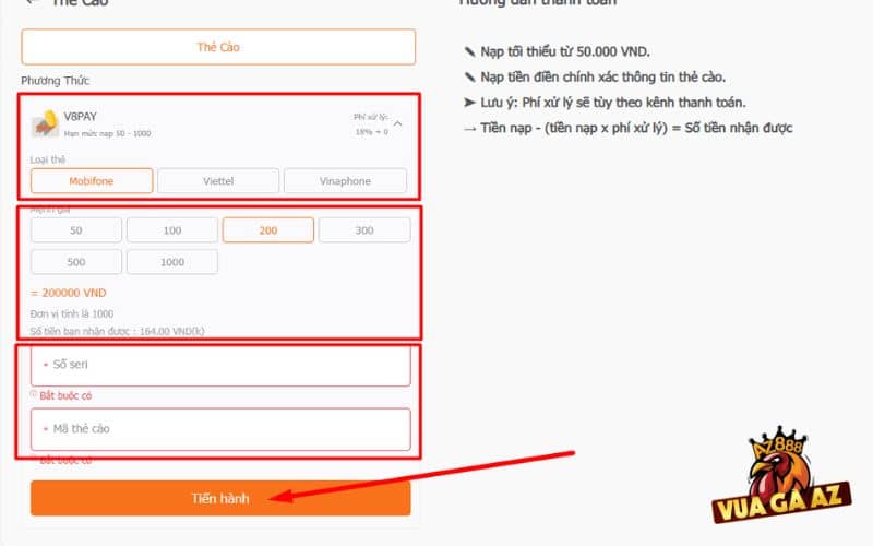 Chọn loại thẻ cào và mệnh giá tương ứng